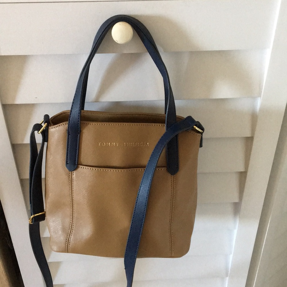 New Tommy Hifiger Camel & Navy Triple Entry Satchel Crossbody Bag